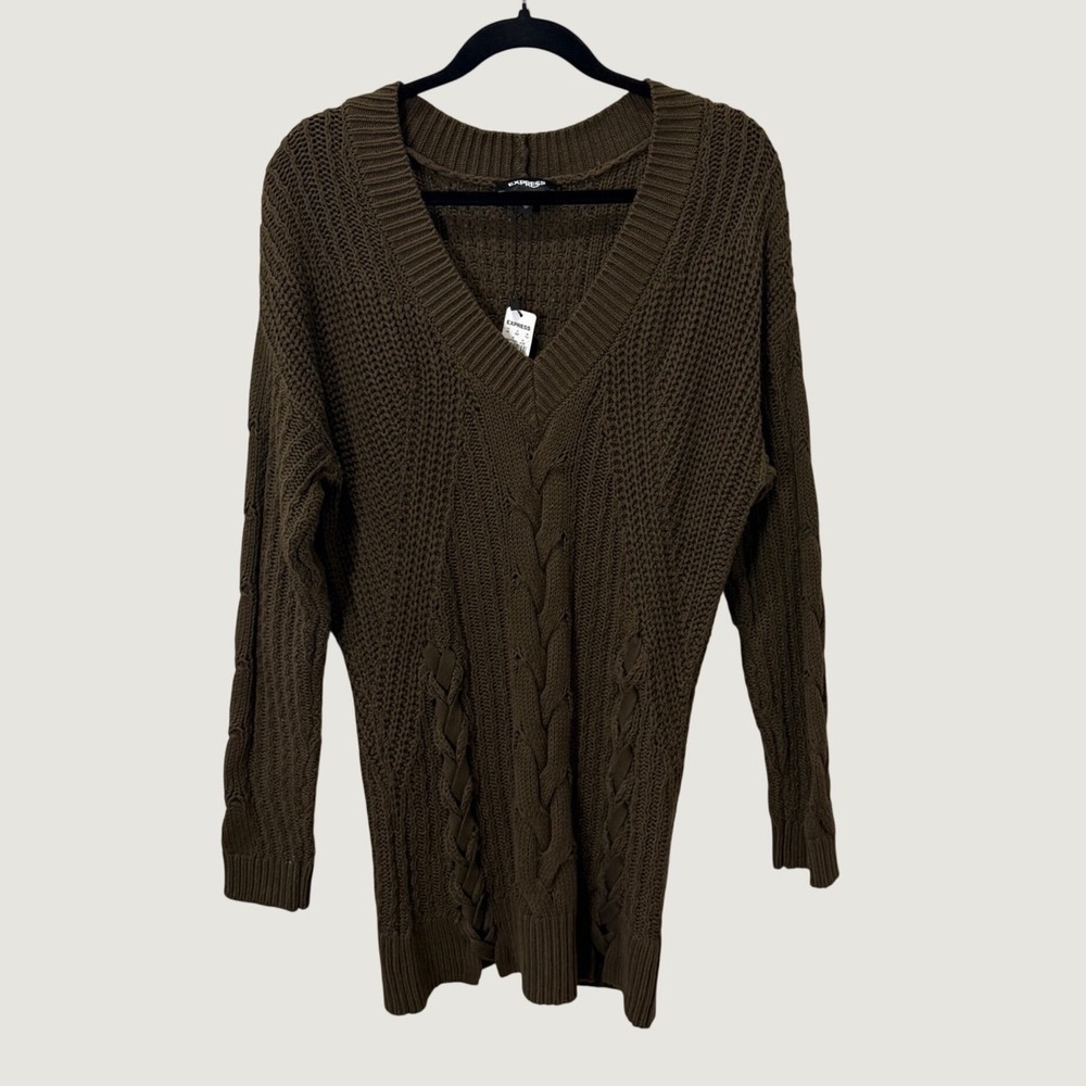 Express XS Cable Knit Sweater Dress Brown V Neck Chunky Oversized Fall Cozy